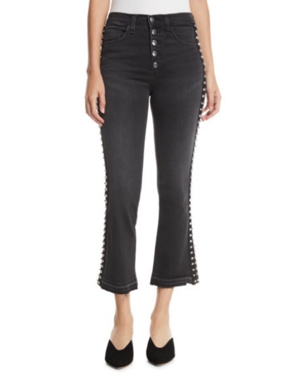 Veronica Beard Carolyn Baby Boot Wide Leg Jeans Gray Tuxedo Stripe Studded 32